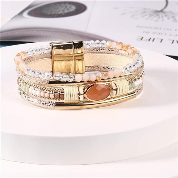 Crystal Beaded Leather Wrap Bracelet - Boho Cuff Stone Charm Bracelet - Picture 4 of 7